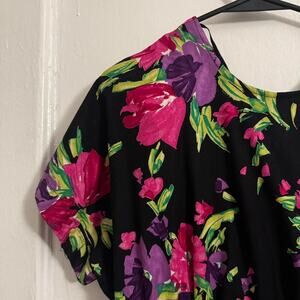 Cottagecore 80s 50s Stuart Alan Black Floral Midi Dress Belted Dolman cotton